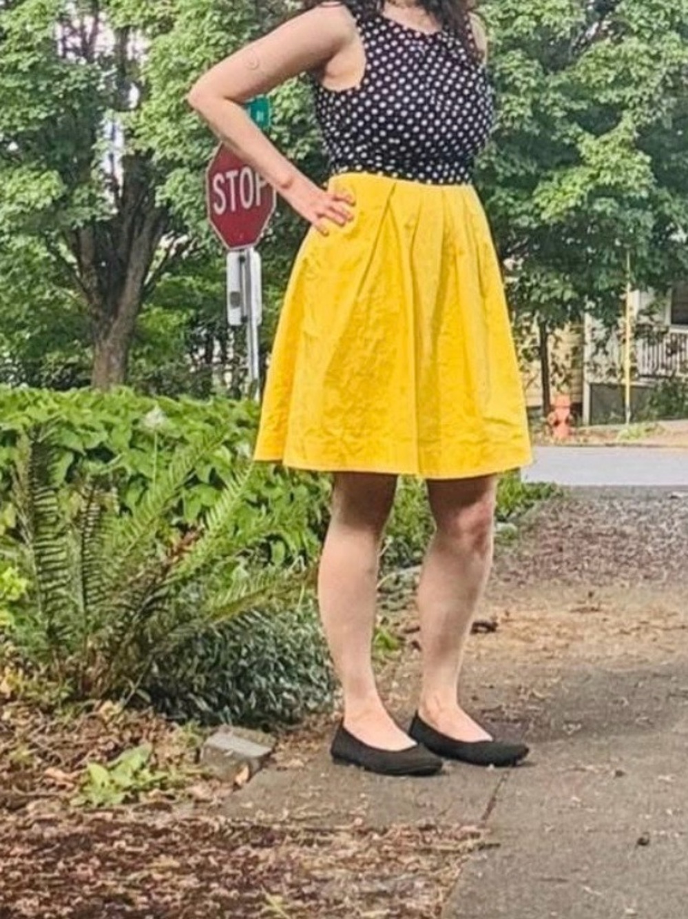Polka Dot Colorblock Dress with Yellow A-line Skirt